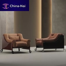 Contemporary armchair COMPAGNAleatherwoodenbrown