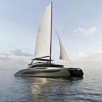 Catamaran sailing yacht ZERO CATcruisingwith open transomflybridge