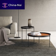 Industrial design pedestal table FLOYDwood veneermetalstone