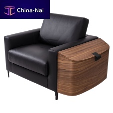 Contemporary armchair SADDLEBAGSfabricleathersolid wood
