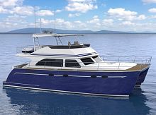 Catamaran express cruiser JUSTON 47 POWERCATinboardflybridgewith T-top