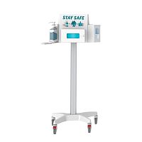 Hygiene station on casters with hand sanitizer holderwith glove box