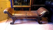Vintage upholstered bench leatherwooden basebrown