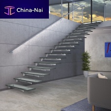 Straight staircase GLASSTREE WALLglass stepstainless steel framecontemporary