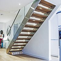 Straight staircase wooden stepstainless steel framedesign