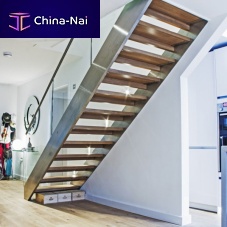 Straight staircase wooden stepstainless steel framedesign