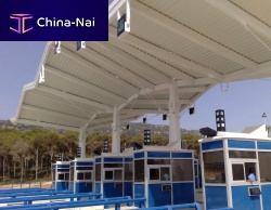 Metal frame tensile structure AUTOROUTE SMIRcanopyroofwith PVC membrane