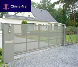 Sliding gate MODERNgalvanised steellouveredwith bars